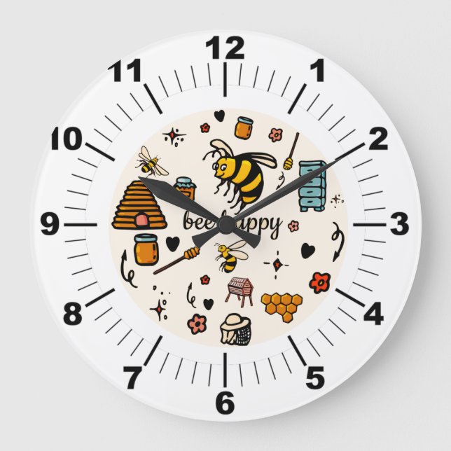 Grande Horloge Ronde Abeille joyeux jolies abeilles mot art (Recto)