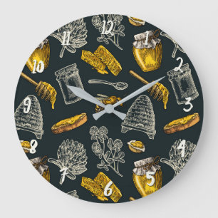 Grande Horloge Ronde Abeille noire miel foncé vintage naturel jaune