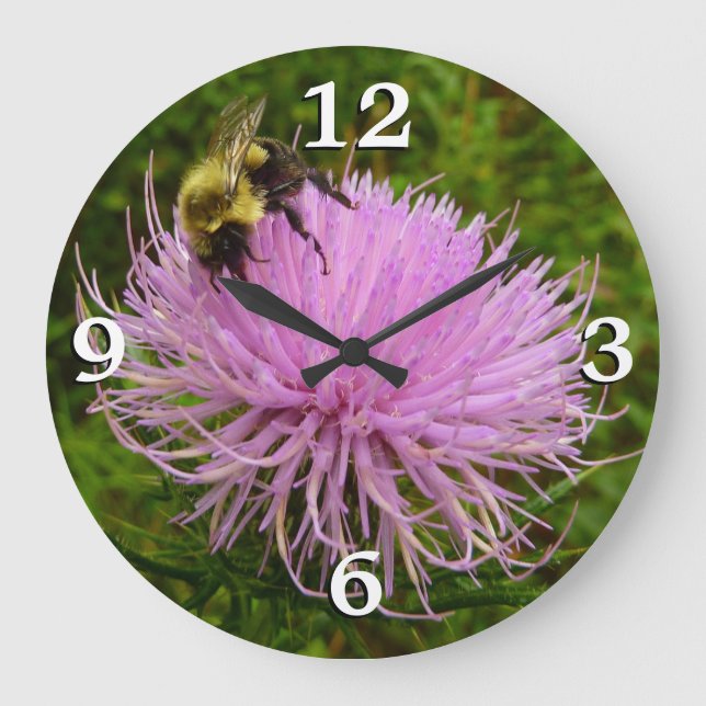 Grande Horloge Ronde Abeille sur fleur de chardon Nature (Recto)
