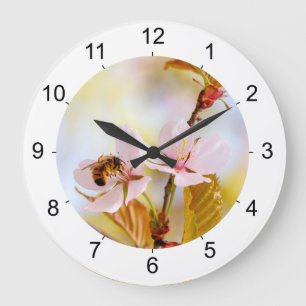Grande Horloge Ronde Abeille Sur Une Fleur De Cerise