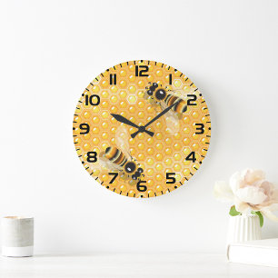 Grande Horloge Ronde Abeilles de miel sur un Motif de nid d'abeille