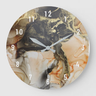 Grande Horloge Ronde Abstract Apricot Black Gold Art Large Clock
