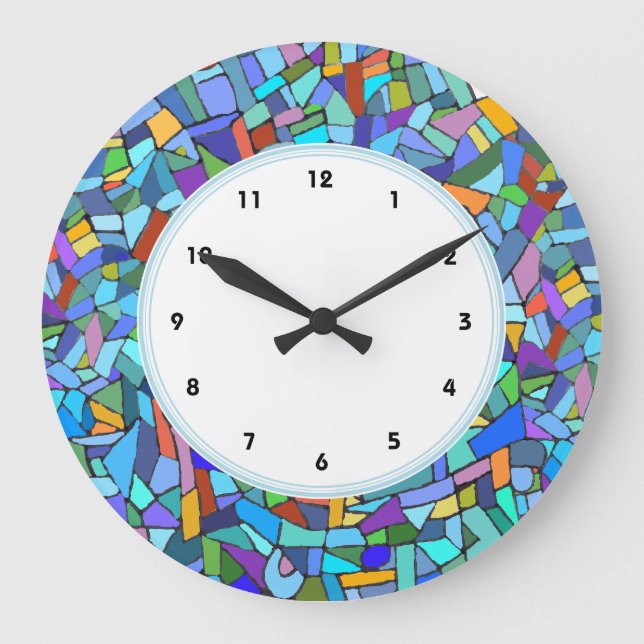 Grande Horloge Ronde Abstract Blue Mosaic Pattern numbered clock (Recto)