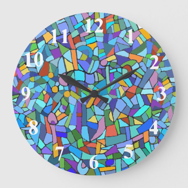 Grande Horloge Ronde Abstract Colorful Blue Mosaic Pattern (Recto)