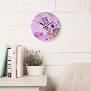 Grande Horloge Ronde Abstract Pink Purple Cute Butterfly