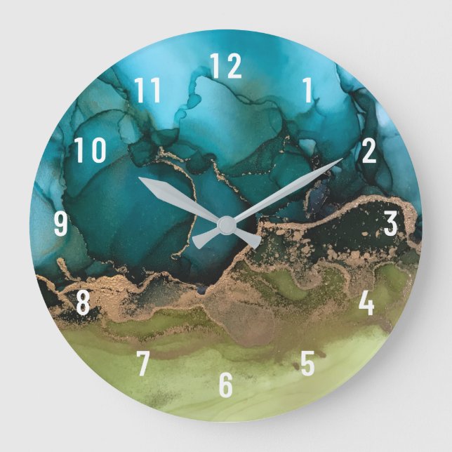 Grande Horloge Ronde Abstrait Black Aqua Green Gold Large Clock (Recto)