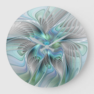 Grande Horloge Ronde Abstrait Bleu Vert Papillon Imaginaire Fractal Art