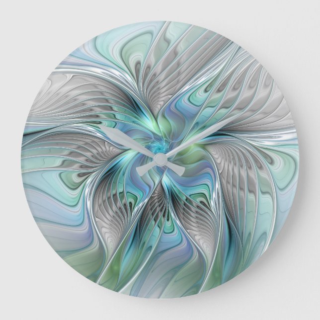 Grande Horloge Ronde Abstrait Bleu Vert Papillon Imaginaire Fractal Art (Recto)