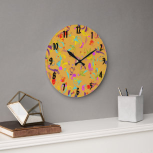 Grande Horloge Ronde Abstrait Coloré Contemporain Confetti Toss
