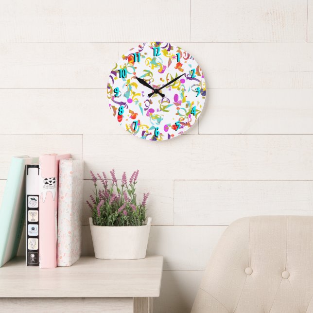 Grande Horloge Ronde Abstrait Confetti Toss Sur Blanc (Salle de lecture)