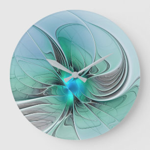 Grande Horloge Ronde Abstrait De Bleu, Art Fractal Moderne
