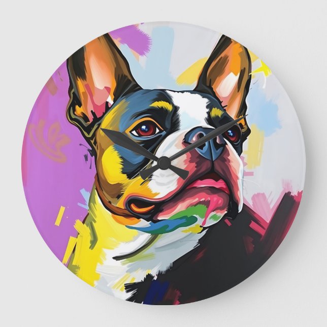 Grande Horloge Ronde Abstrait expressif Boston Terrier (Recto)