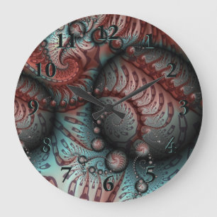 Grande Horloge Ronde Abstrait Fantastique Vivid Art Fractal Brun Bleu