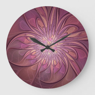 Grande Horloge Ronde Abstrait Floral Fractal Art Berry couleurs