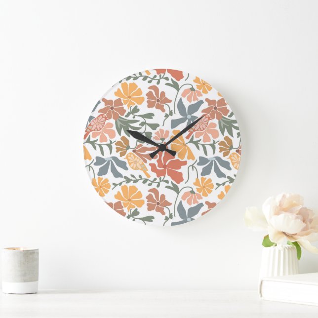 Grande Horloge Ronde Abstrait Floral & Oiseaux Mi-siècle Motif moderne (Maison)