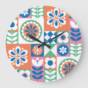 Grande Horloge Ronde Abstrait Floral, Scandinave Folk Design.