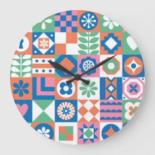 Grande Horloge Ronde Abstrait Floral Scandinavian Folk Motif