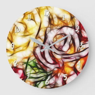 Grande Horloge Ronde Abstrait Jaune Rose Lumière Artistique Floral Glow