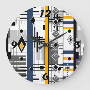 Grande Horloge Ronde Abstrait moderne noir blanc jaune ornement geo