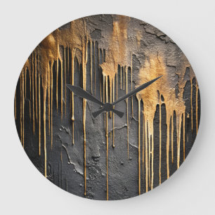 Grande Horloge Ronde Abstrait Moderne Noir et Coulures d'Or Métallisé