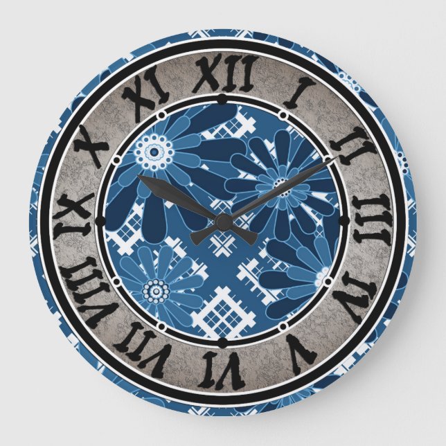 Grande Horloge Ronde Abstrait moderne sans couture à damiers plaid bl f (Recto)