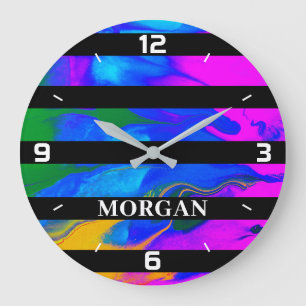 Grande Horloge Ronde Abstrait moderne tendance, Lignes noires, Nom blan