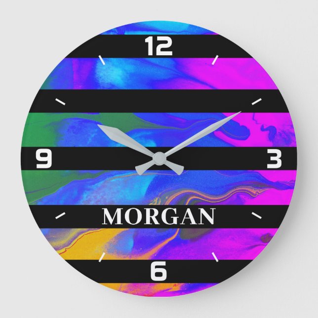 Grande Horloge Ronde Abstrait moderne tendance, Lignes noires, Nom blan (Recto)