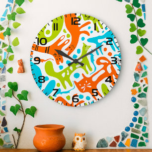 Grande Horloge Ronde Abstrait Motif de chat Whimsical moderne animal de