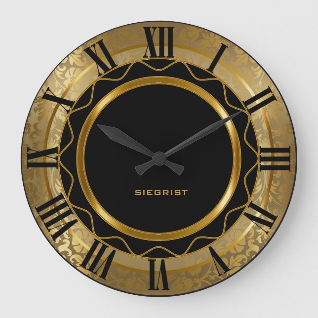 Grande Horloge Ronde Abstrait noir et or Damask (Recto)