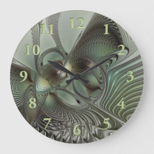 Grande Horloge Ronde Abstrait Olive Sage Green Grey Fractal Art Imagina
