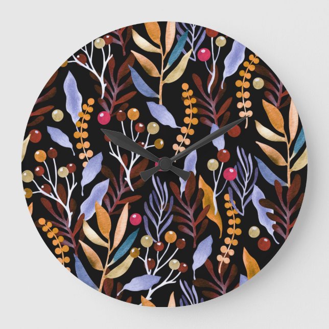 Grande Horloge Ronde Abstrait Plantes d'aquarelle herbes Motif (Recto)