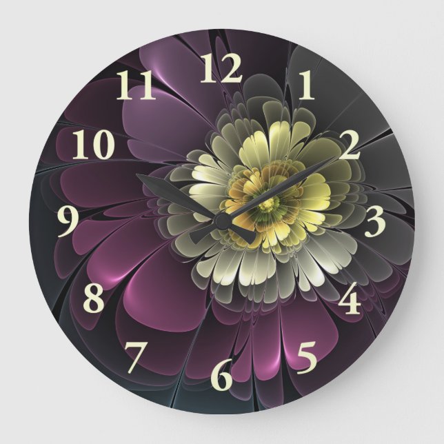 Grande Horloge Ronde Abstrait Purpur moderne Khaki Gris Fleur fractale  (Recto)