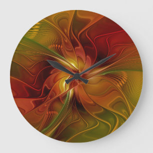 Grande Horloge Ronde Abstrait Rouge Orange Brown Vert Fractal Art Flowe