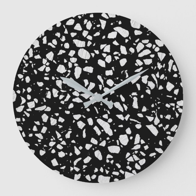 Grande Horloge Ronde Abstrait Terrazzo Mosaic Motif noir et blanc (Recto)