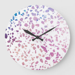 Grande Horloge Ronde Abstrait Terrazzo Mosaic rose et Motif bleu