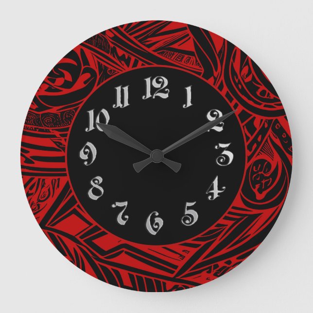 Grande Horloge Ronde Abstrait tribal noir et blanc (Recto)