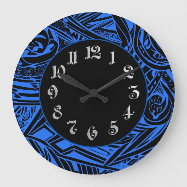 Grande Horloge Ronde Abstrait tribal noir et blanc (Recto)