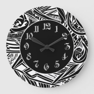 Grande Horloge Ronde Abstrait tribal noir et blanc