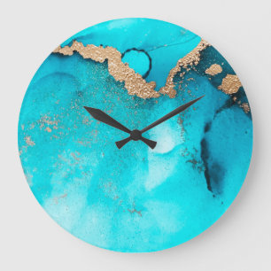 Grande Horloge Ronde Abstrait Turquoise Gold Méditerranée