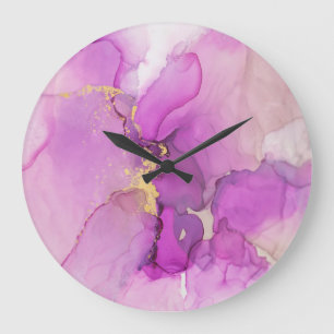 Grande Horloge Ronde Abstrait violet, or : mélange d'acryliques.