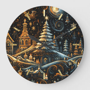 Grande Horloge Ronde Abstraite Marque Village de Noël Dessin Ciel de nu