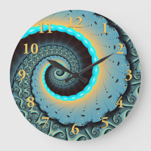 Grande Horloge Ronde Abstraite spirale d'art fractal bleu turquoise ora