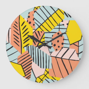 Grande Horloge Ronde Abstraits feuilles colorés, motif de la nature.
