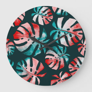 Grande Horloge Ronde Abstraits Feuilles tropicaux, Aquarelle Lumineuse.