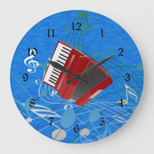 Grande Horloge Ronde Accordéon rouge sur les notes musicales