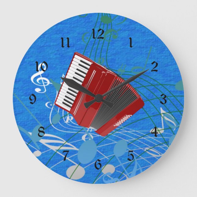 Grande Horloge Ronde Accordéon rouge sur les notes musicales (Recto)