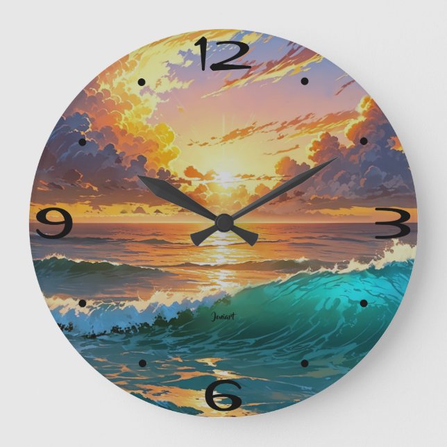 Grande Horloge Ronde Accueil Mur Coucher de soleil époustouflant Vagues (Recto)