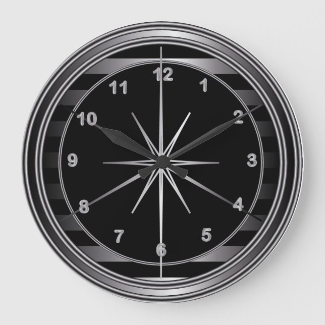 Grande Horloge Ronde Acier classique et rayures noires (Recto)