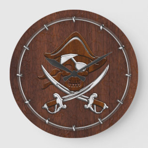 Grande Horloge Ronde Acier de crâne de pirate en acajou marin humide