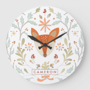 Grande Horloge Ronde Add Your Name Whimsical Woodland Fox